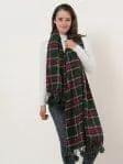 Green Plaid Soft Long Scarf With Pom Pom Detail by Clarissas Boutique