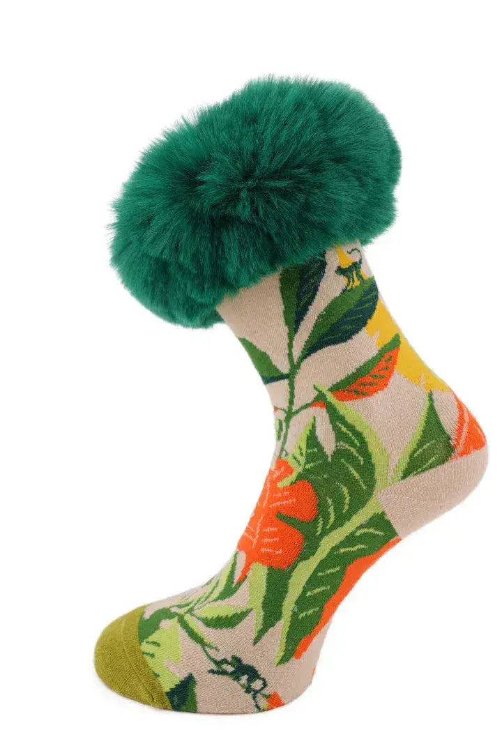 Green - Silk Blend Socks with Faux Fur Cuffs by Clarissas Boutique