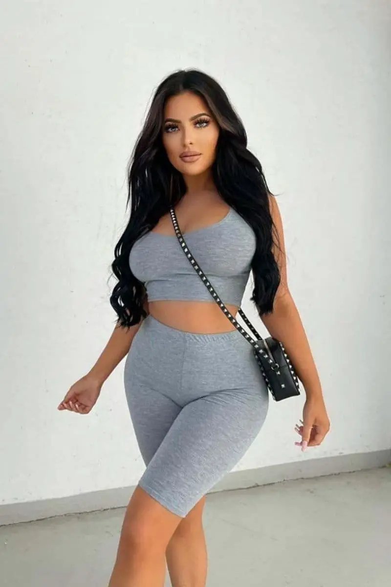 Grey Scoop Neck Crop Top & Cycling Short Set by Clarissas Boutique London