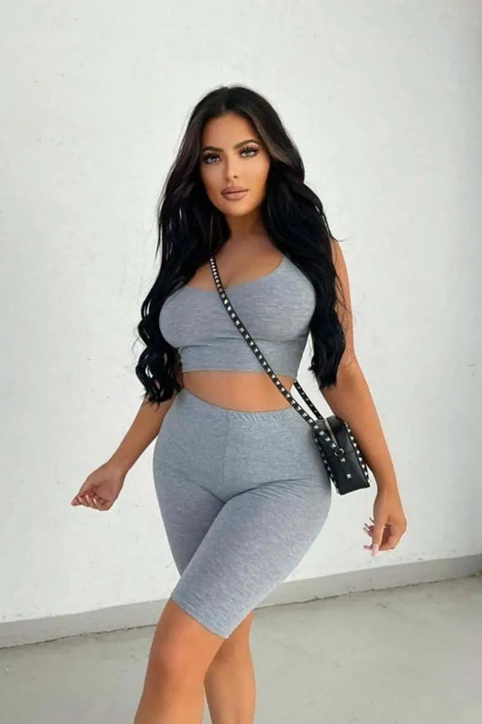 Grey Scoop Neck Crop Top & Cycling Short Set by Clarissas Boutique London