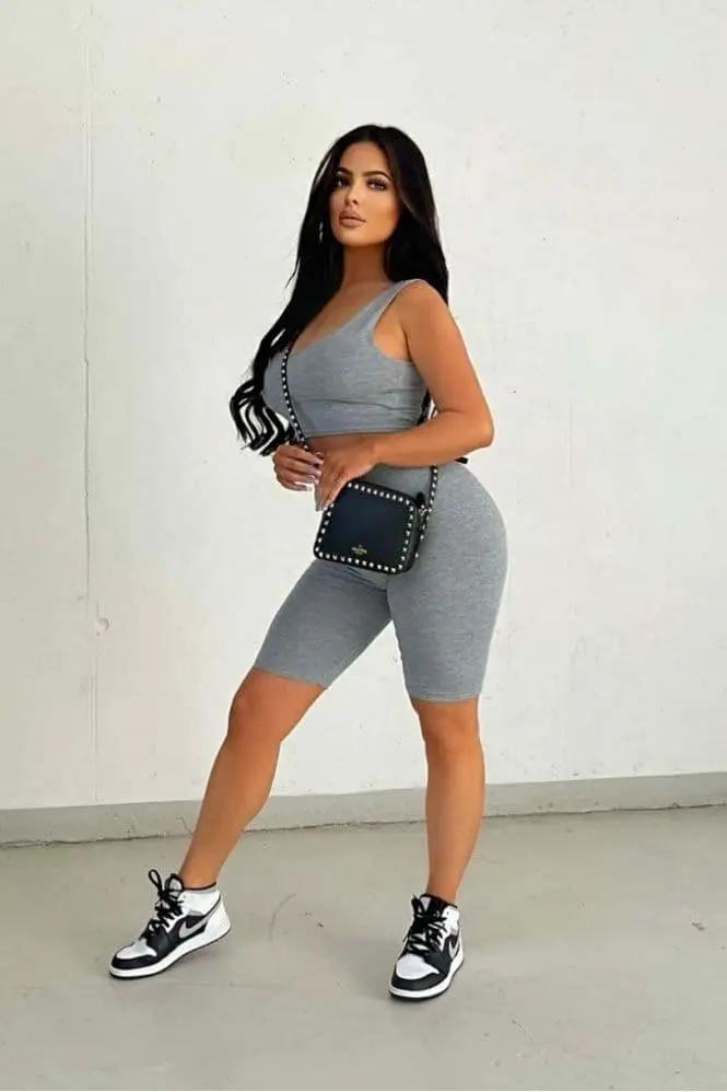 Grey Scoop Neck Crop Top & Cycling Short Set by Clarissas Boutique London