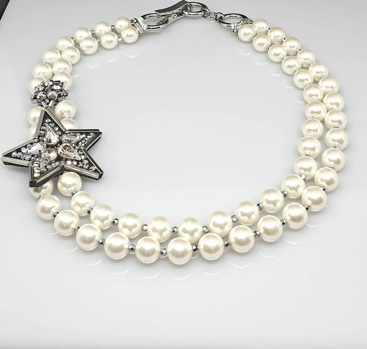 Two Strand Classy Pearl Statement, Five Star Necklace, Diamante, Necklace with Stunning Silver Clasp Handmade, Women Accessories by Clarissas Boutique London
