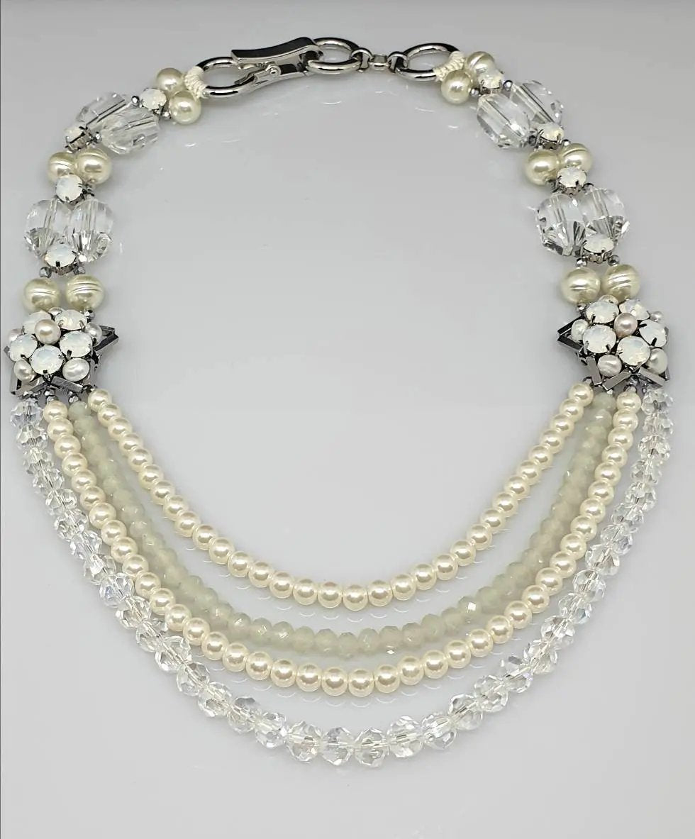 Vintage Style 4 Strand Pearl Necklace With Clasp, With Crystal Beads, Multi, Pearls, Bridge Pearls, Great Pearls, Crystal Necklace by Clarissas Boutique London