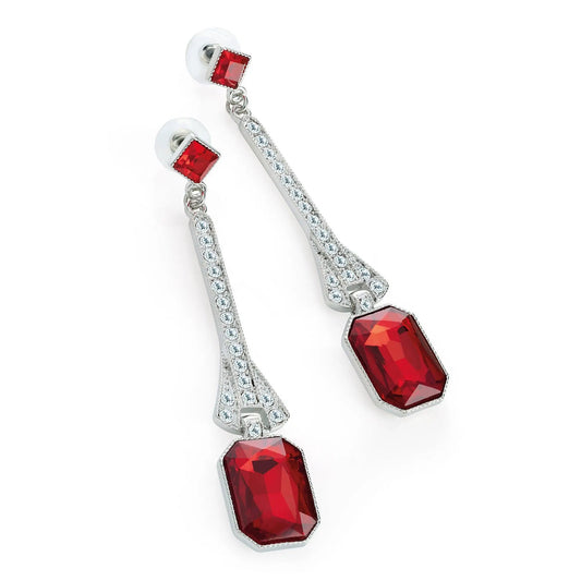 Rhodium colour crystal and red glass bead drop earring by Clarissas Boutique London