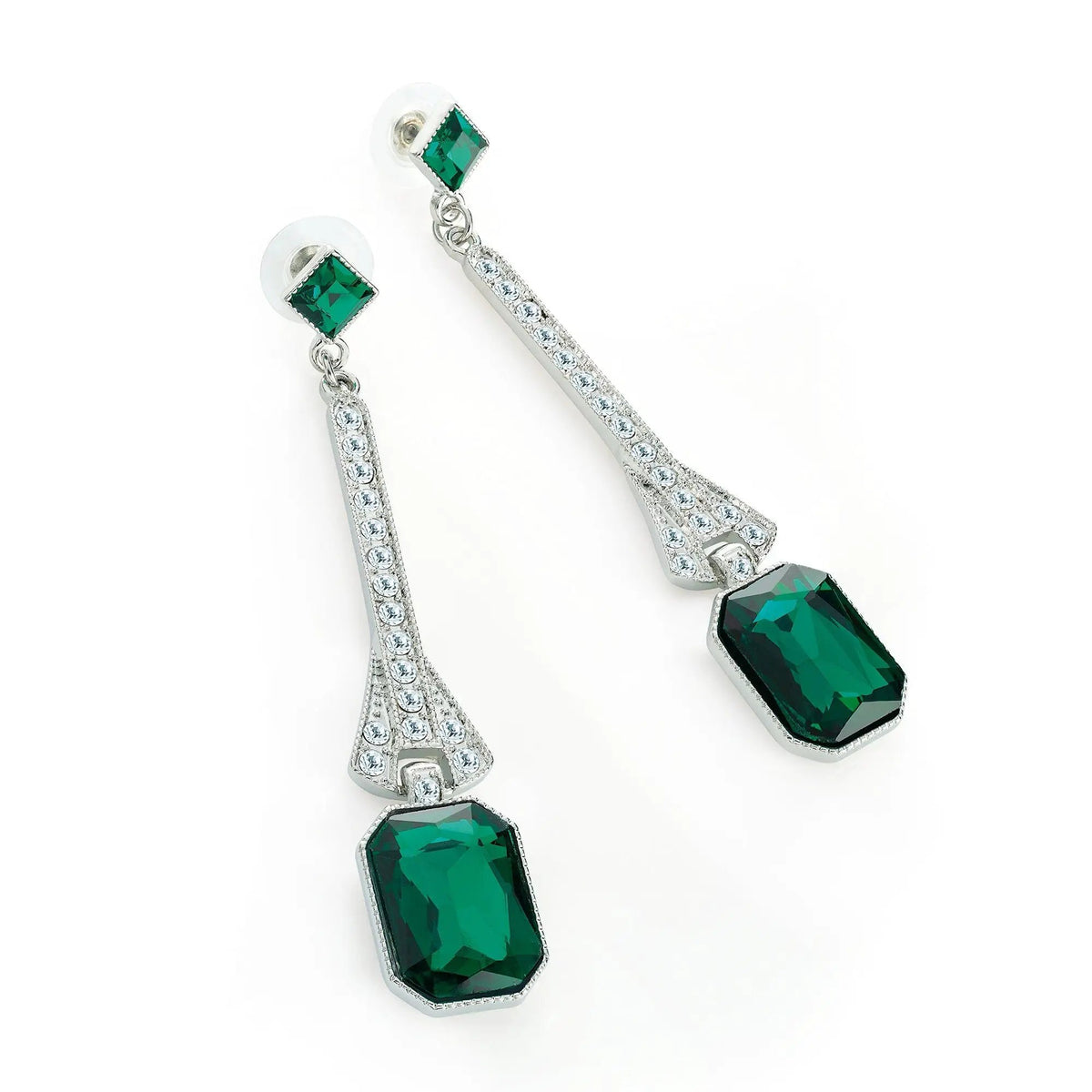 Rhodium colour crystal and green glass bead drop earring by Clarissas Boutique London