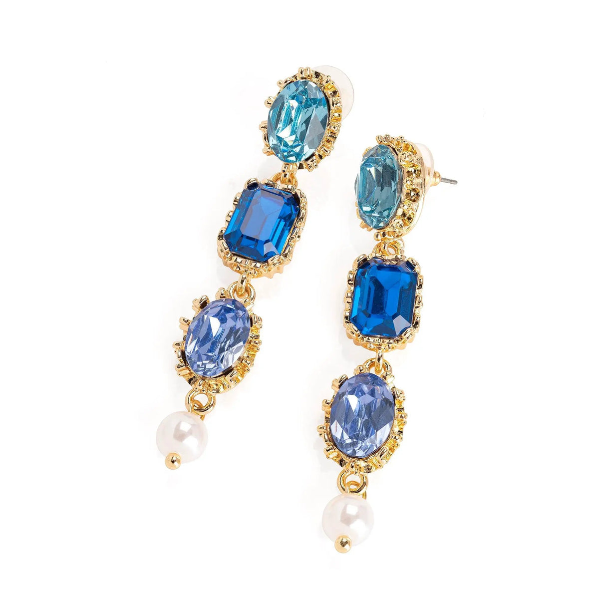 Gold colour cream pearl effect blue tone drop earring by Clarissas Boutique London