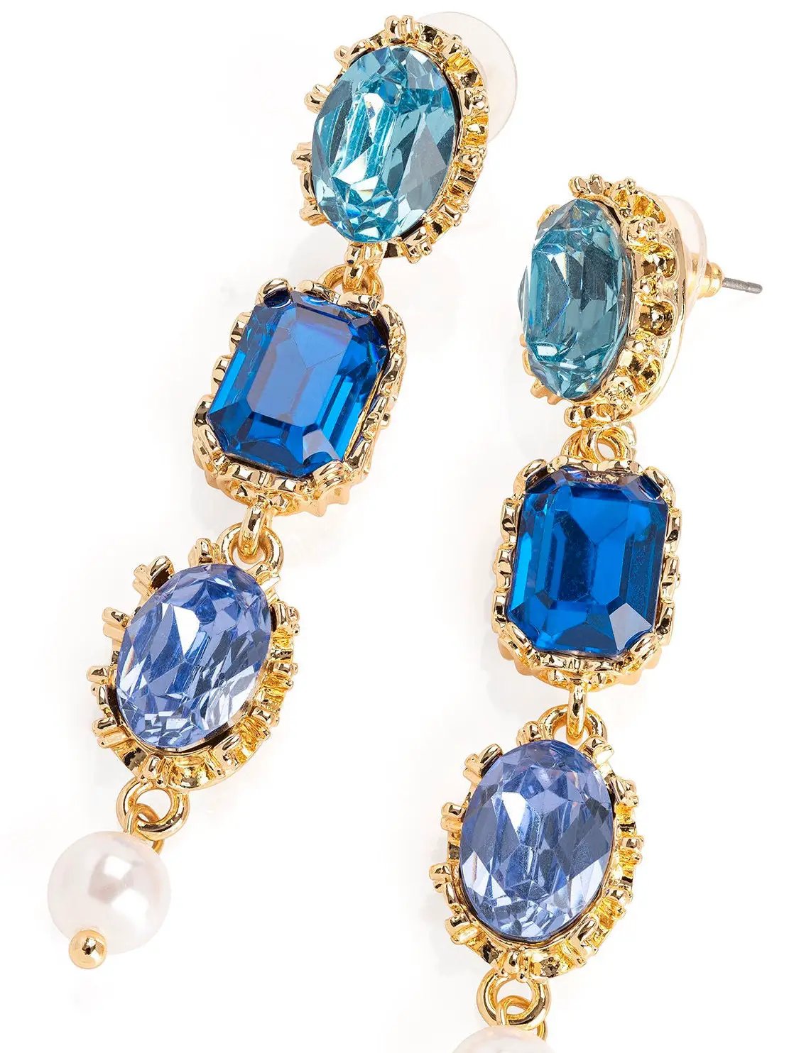 Gold colour cream pearl effect blue tone drop earring by Clarissas Boutique London