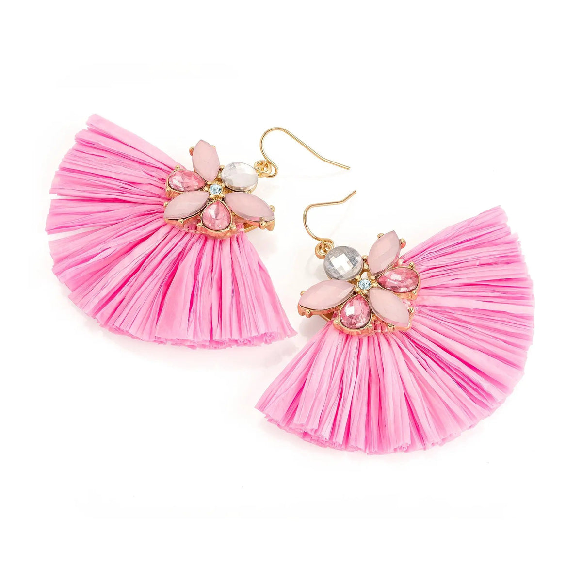 Gold colour pink tone crystal paper fan design earring. by Clarissas Boutique London
