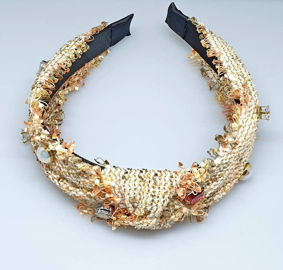 Rose Gold Tweed Headband With Pearls And Diamantè. by Clarissas Boutique London