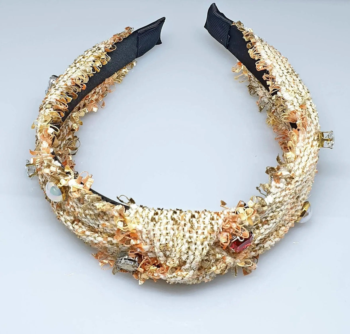 Rose Gold Tweed Headband With Pearls And Diamantè. by Clarissas Boutique London