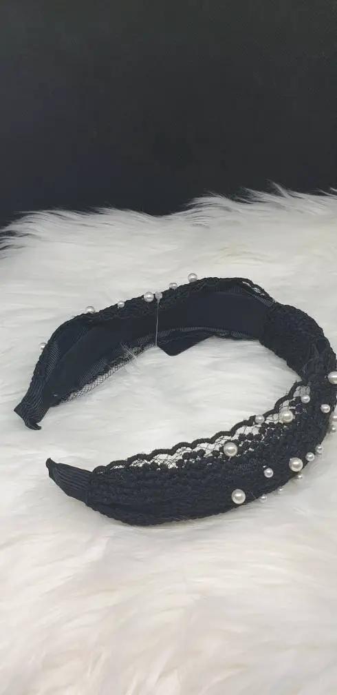 Top Knot Black Applique Lace Cream Faux Pearl Knot Design Alice Headband For Her Band Hair Accessory by Clarissas Boutique London