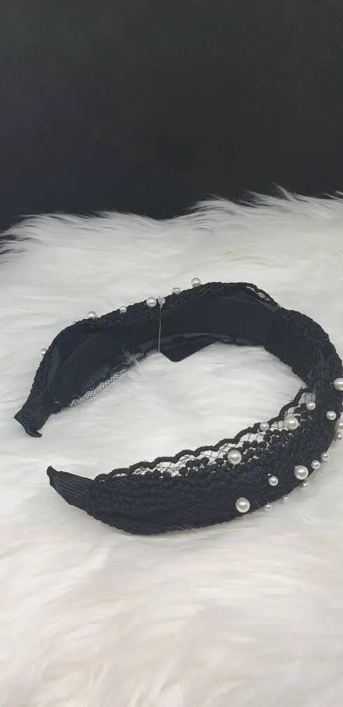 Top Knot Black Applique Lace Cream Faux Pearl Knot Design Alice Headband For Her Band Hair Accessory by Clarissas Boutique London