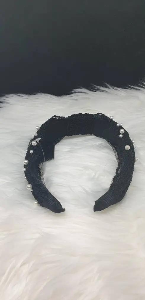 Top Knot Black Applique Lace Cream Faux Pearl Knot Design Alice Headband For Her Band Hair Accessory by Clarissas Boutique London