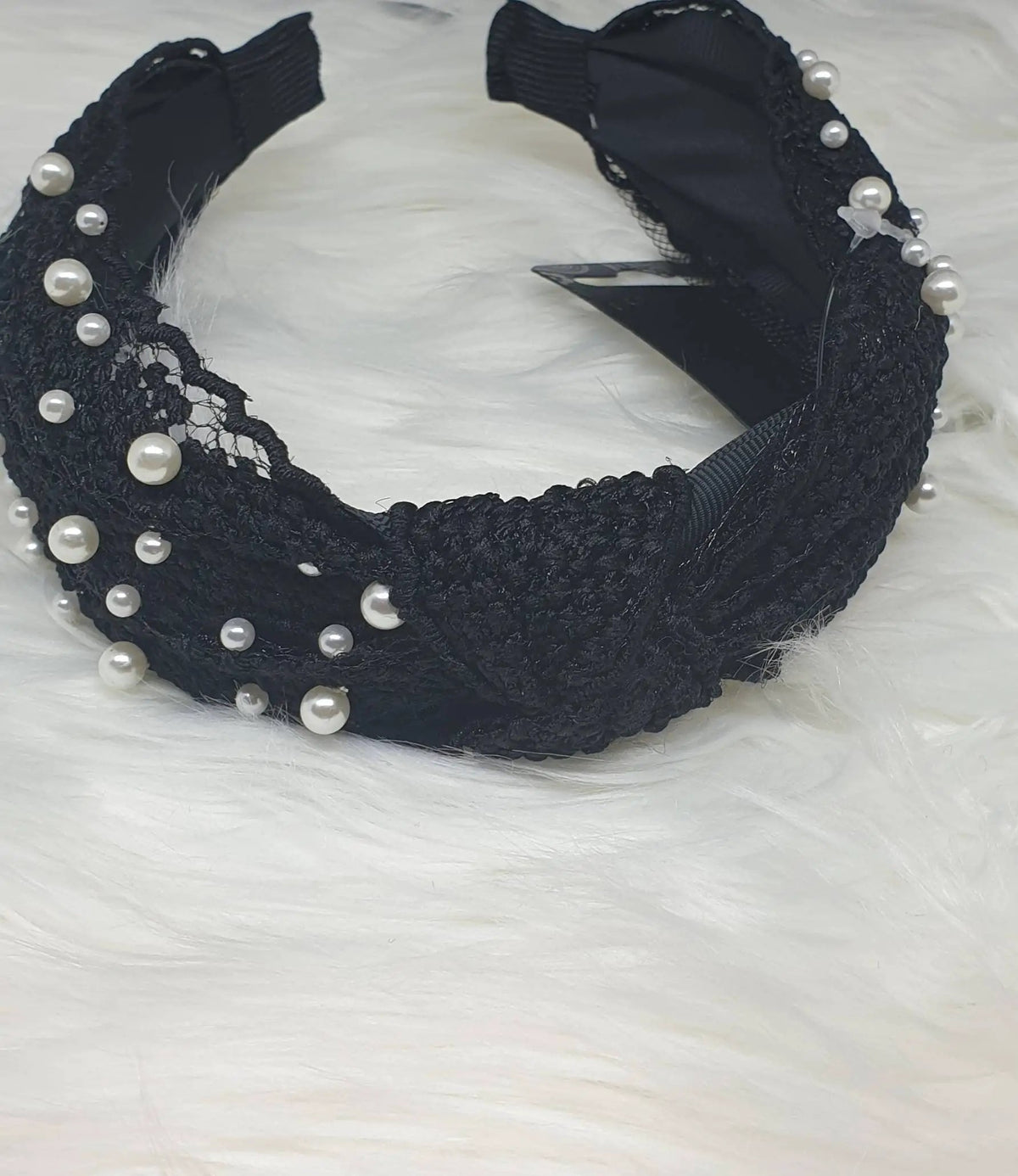 Top Knot Black Applique Lace Cream Faux Pearl Knot Design Alice Headband For Her Band Hair Accessory by Clarissas Boutique London