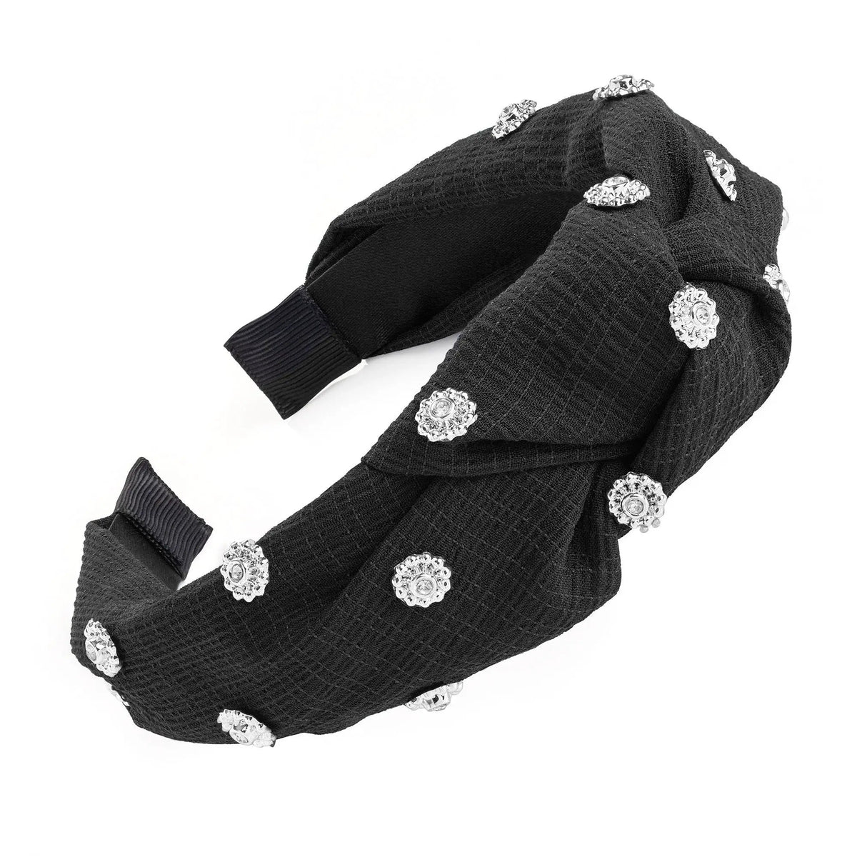 Black Knotted Headband Embellished With Silver Crystals And Studs For Women's by Clarissas Boutique London