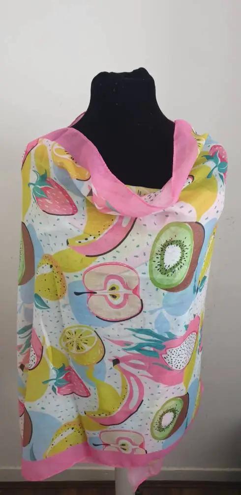Colourful Picnic Fruit Print Frayed Scarf, Womens Scarves, Scarf, Wraps, Clarissasboutiqueuk by Clarissas Boutique