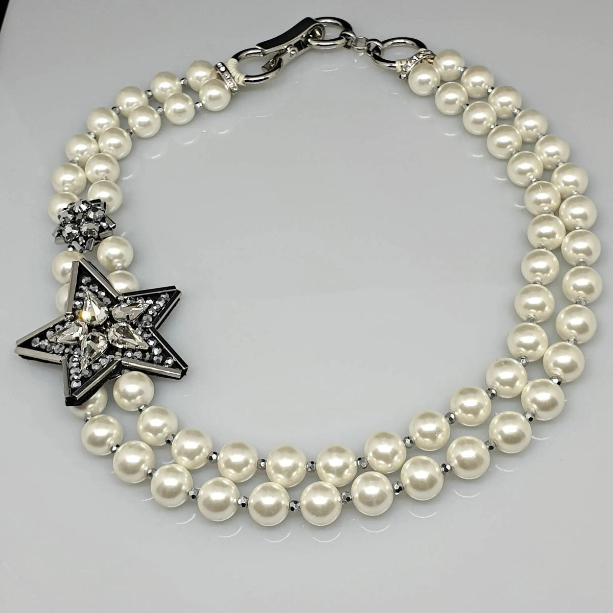 Two Strand Classy Pearl Statement, Five Star Necklace, Diamante, Necklace with Stunning Silver Clasp Handmade, Women Accessories by Clarissas Boutique London