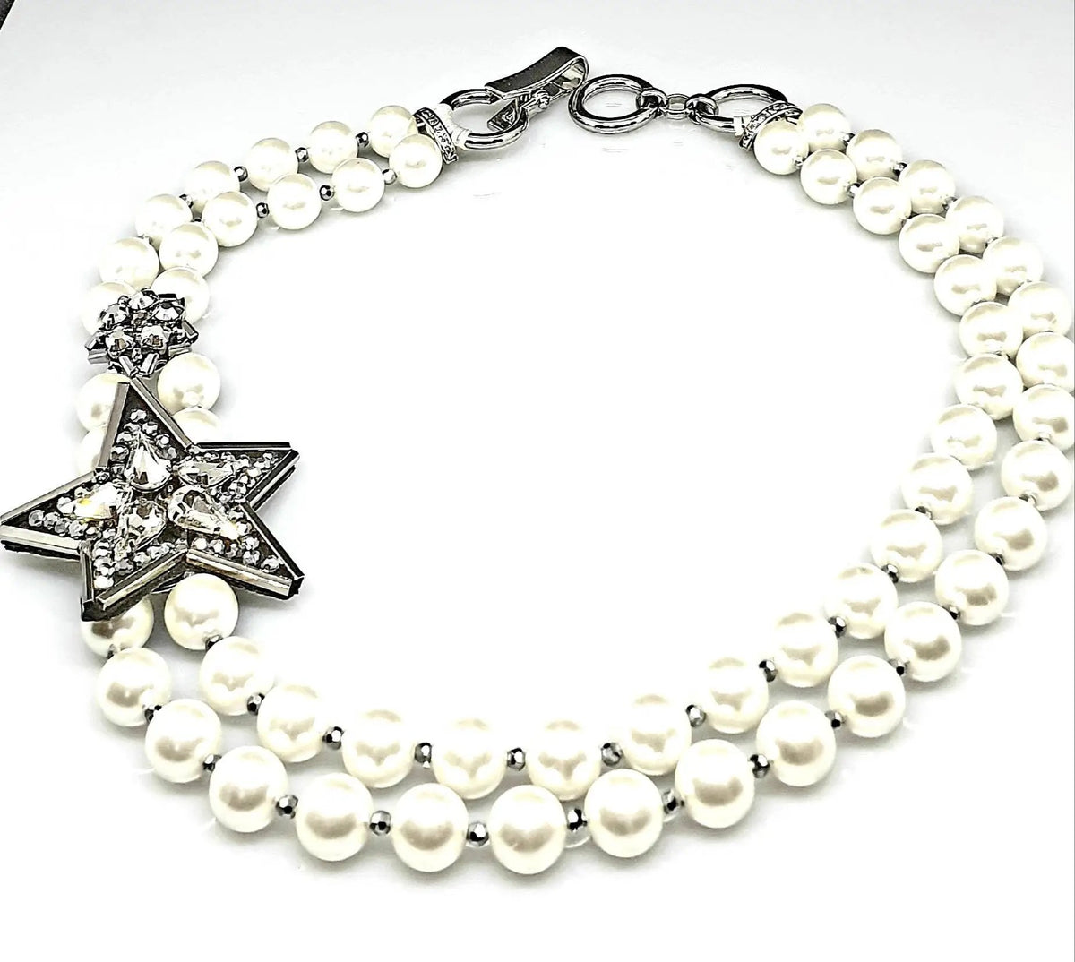 Two Strand Classy Pearl Statement, Five Star Necklace, Diamante, Necklace with Stunning Silver Clasp Handmade, Women Accessories by Clarissas Boutique London