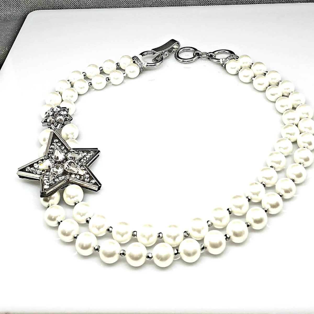 Two Strand Classy Pearl Statement, Five Star Necklace, Diamante, Necklace with Stunning Silver Clasp Handmade, Women Accessories by Clarissas Boutique London