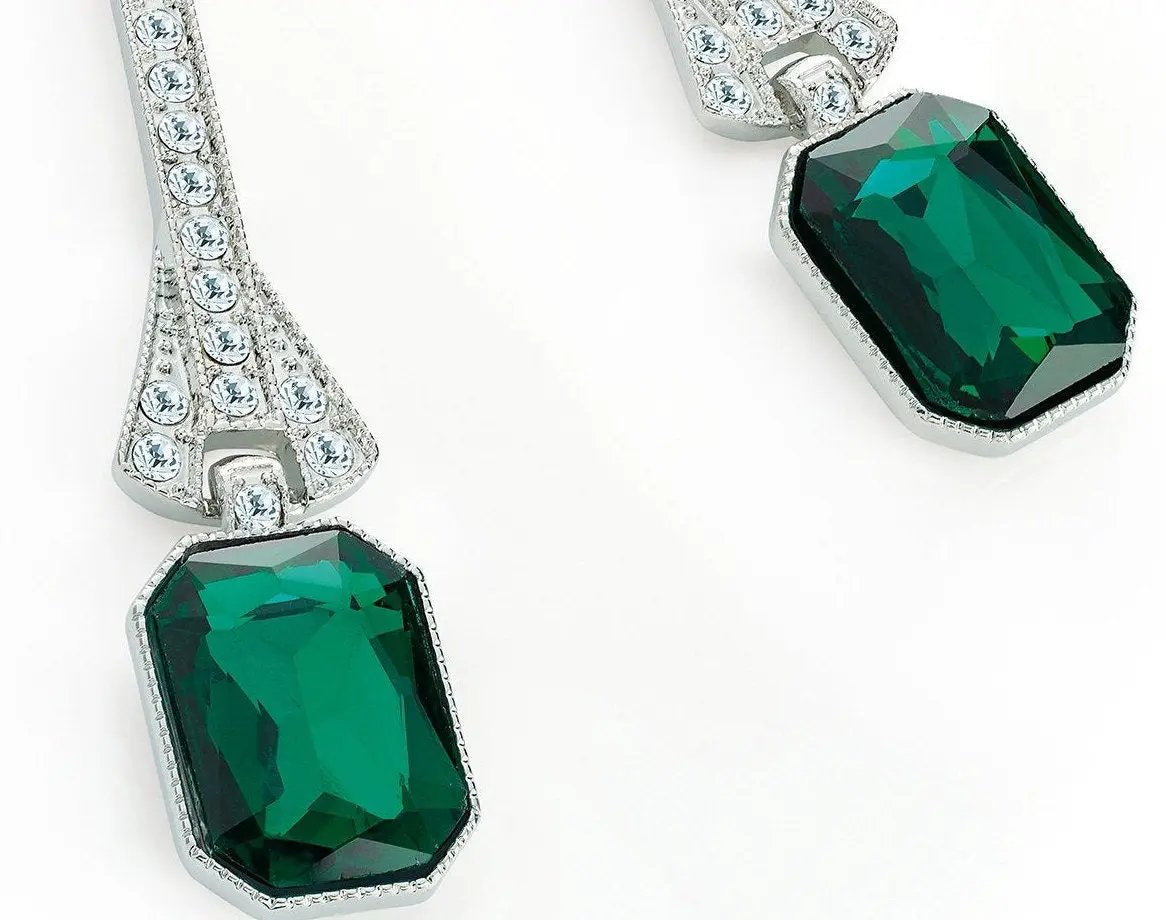 Rhodium colour crystal and green glass bead drop earring by Clarissas Boutique London