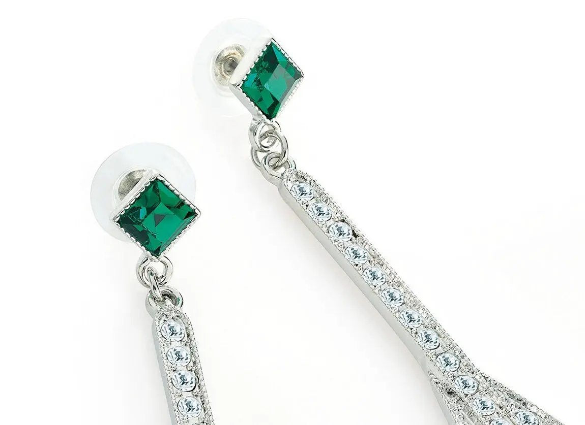 Rhodium colour crystal and green glass bead drop earring by Clarissas Boutique London