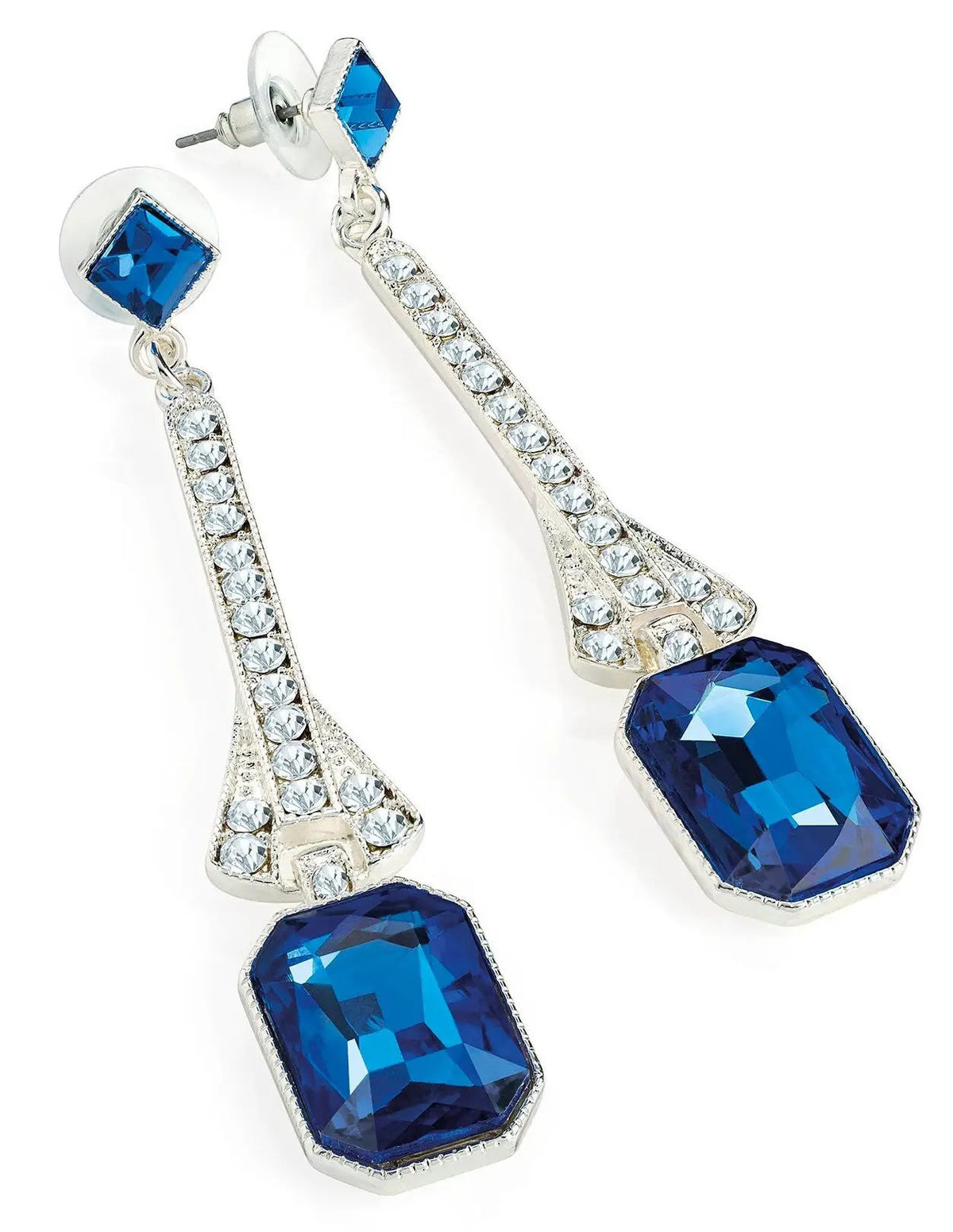 Silver colour crystal and blue drop earring by Clarissas Boutique London