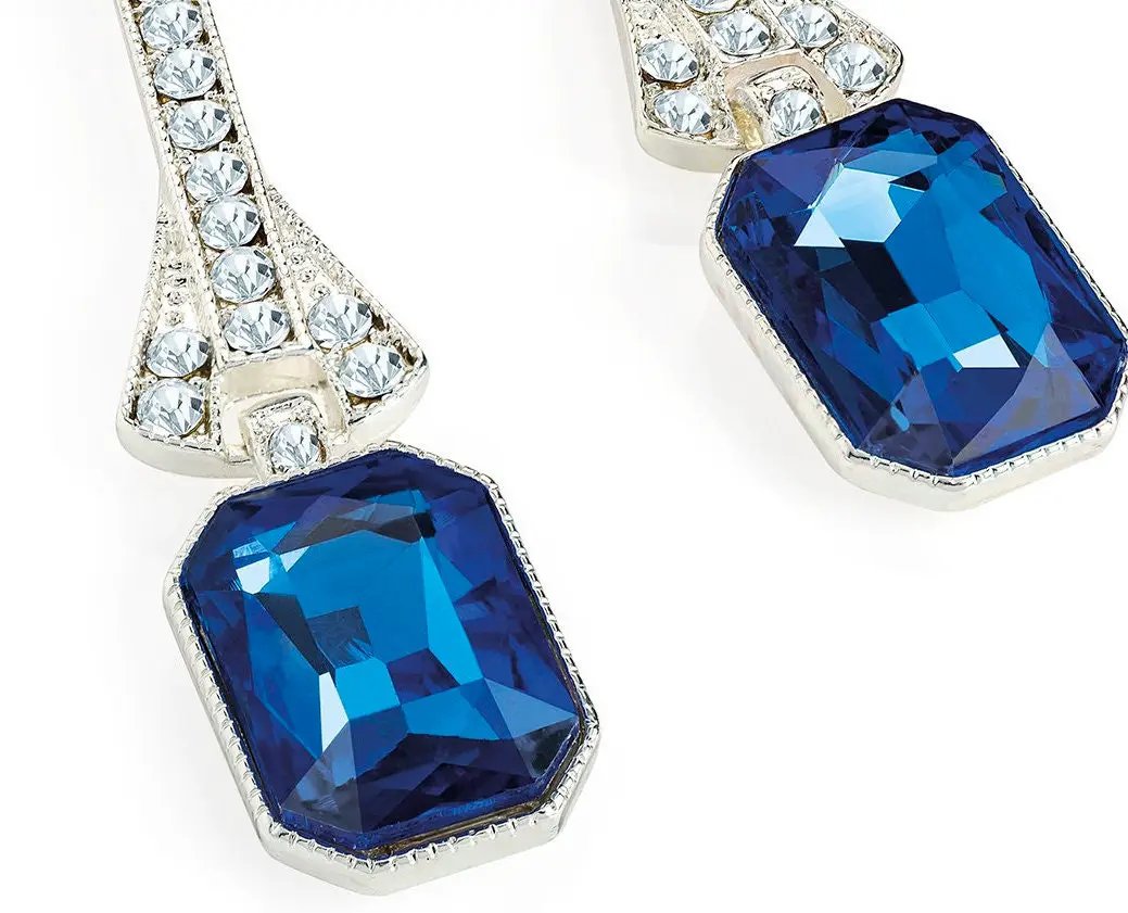 Silver colour crystal and blue drop earring by Clarissas Boutique London