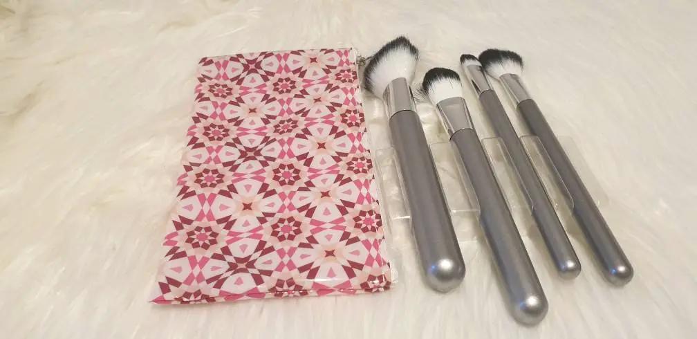 Makeup Brushes Concealer brush, Angled Blush Brush, Setting Brush And Foundation Brush As Well As A Purple And Gold Geometric Printed Case. by Clarissas Boutique London