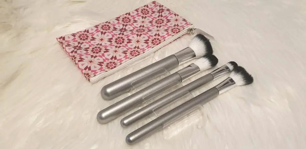 Makeup Brushes Concealer brush, Angled Blush Brush, Setting Brush And Foundation Brush As Well As A Purple And Gold Geometric Printed Case. by Clarissas Boutique London