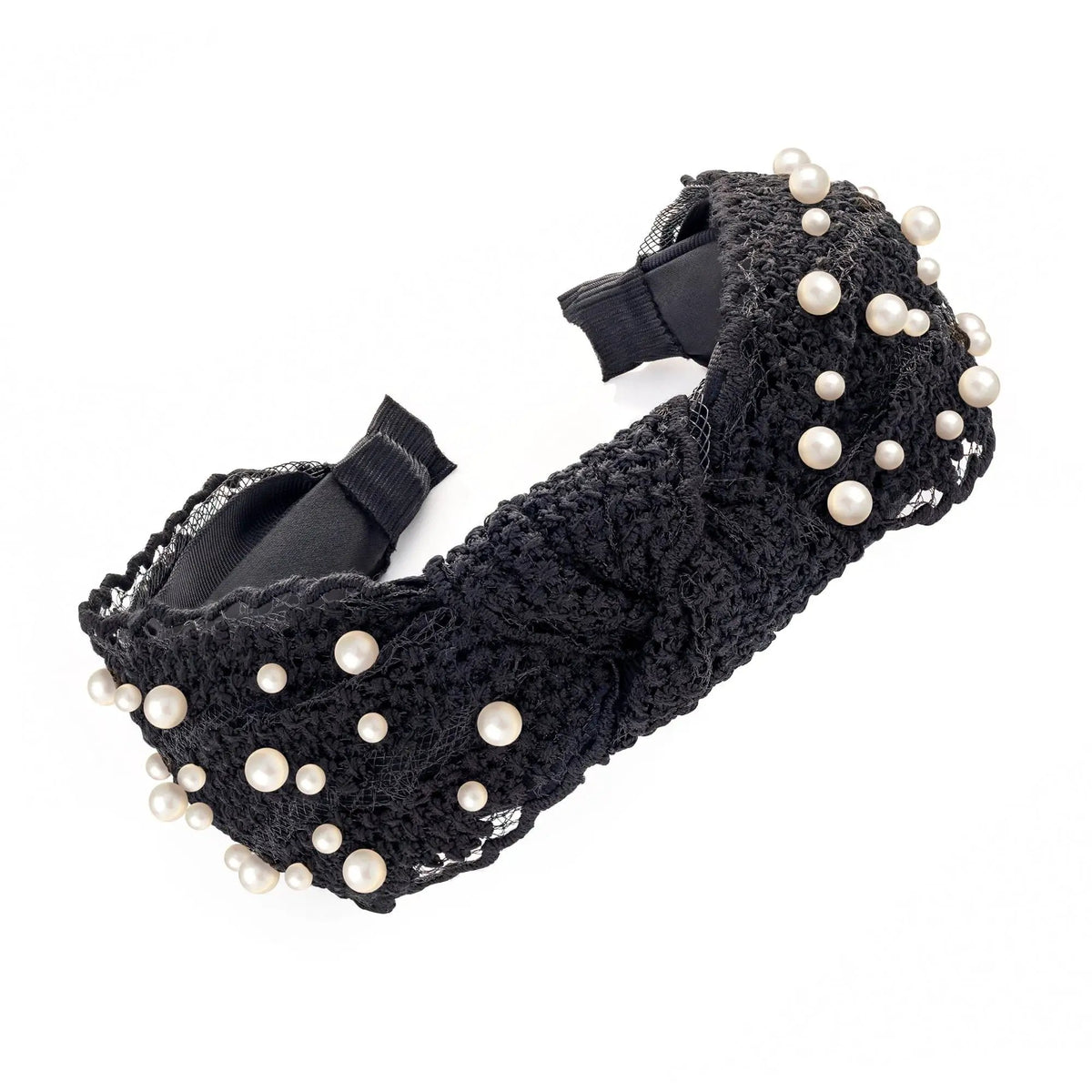 Top Knot Black Applique Lace Cream Faux Pearl Knot Design Alice Headband For Her Band Hair Accessory by Clarissas Boutique London