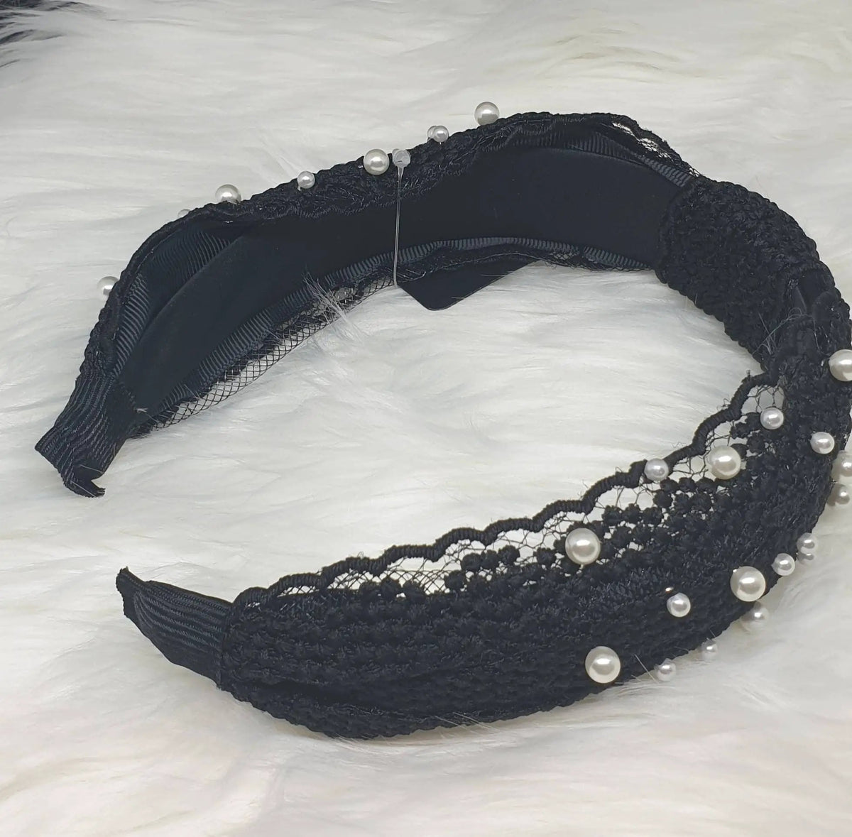 Top Knot Black Applique Lace Cream Faux Pearl Knot Design Alice Headband For Her Band Hair Accessory by Clarissas Boutique London