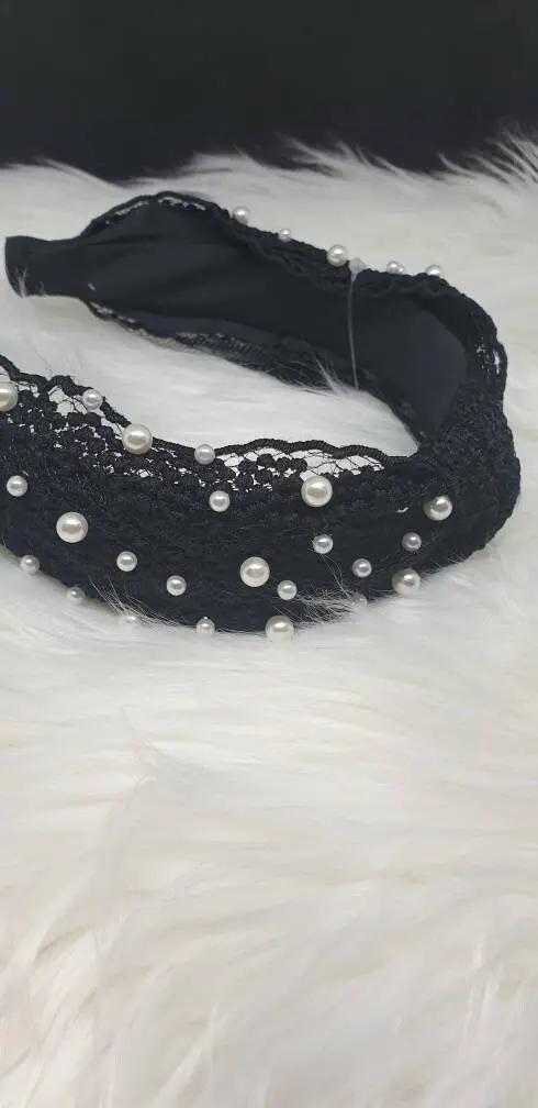 Top Knot Black Applique Lace Cream Faux Pearl Knot Design Alice Headband For Her Band Hair Accessory by Clarissas Boutique London