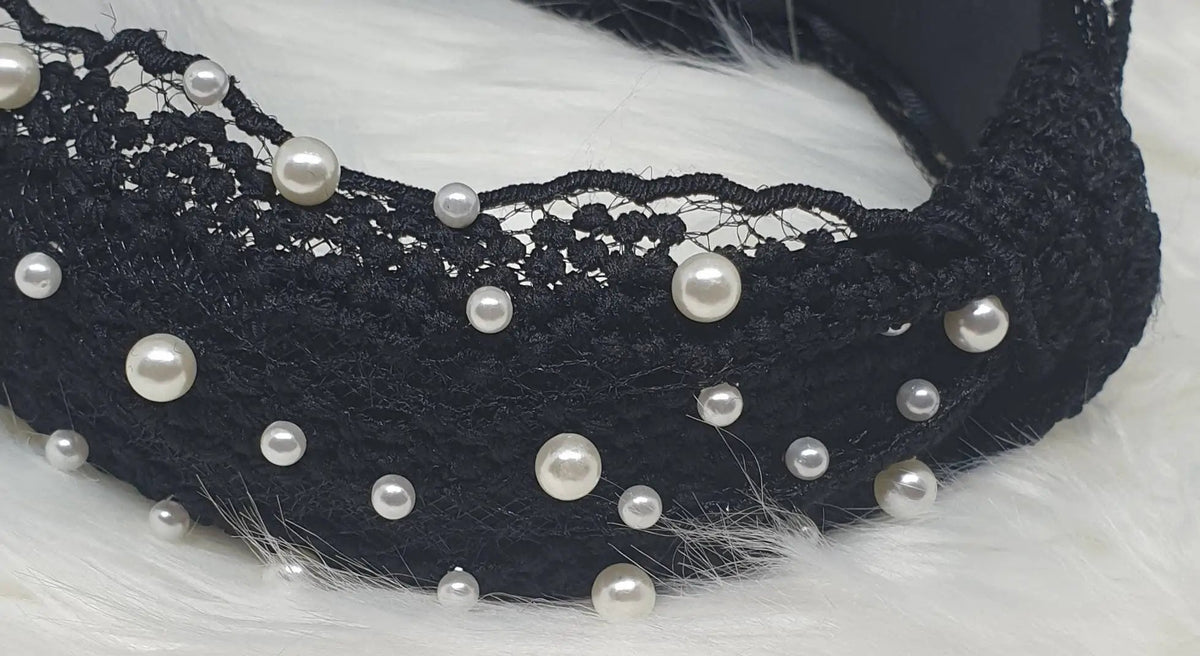 Top Knot Black Applique Lace Cream Faux Pearl Knot Design Alice Headband For Her Band Hair Accessory by Clarissas Boutique London