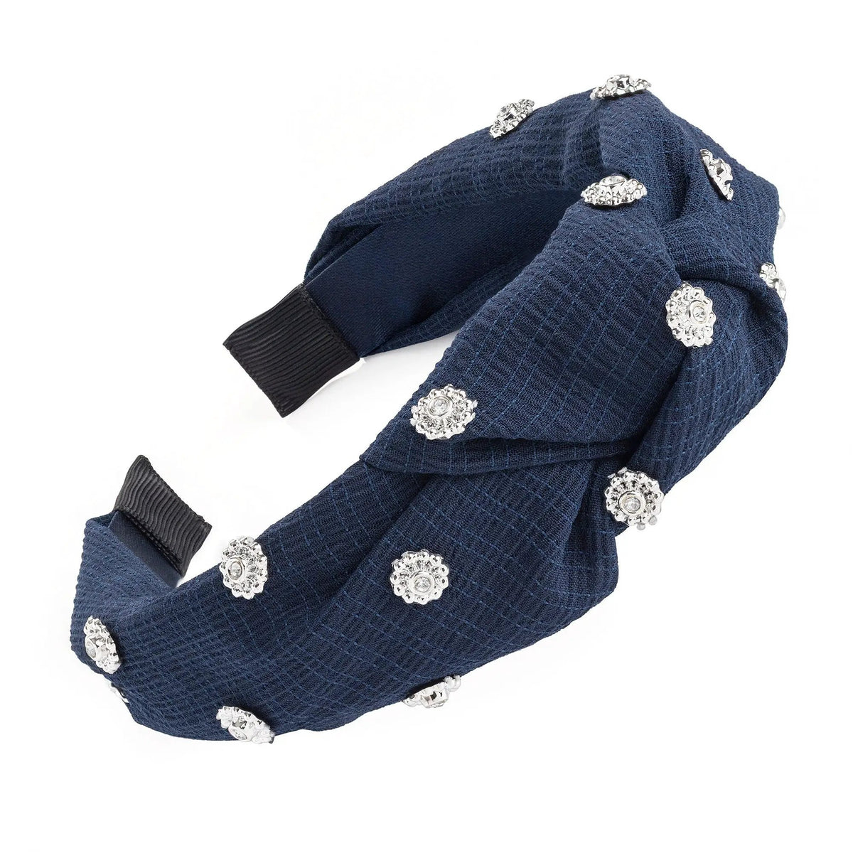Black Knotted Headband Embellished With Silver Crystals And Studs Embellishments For A Glam Rock Style For Women's by Clarissas Boutique London
