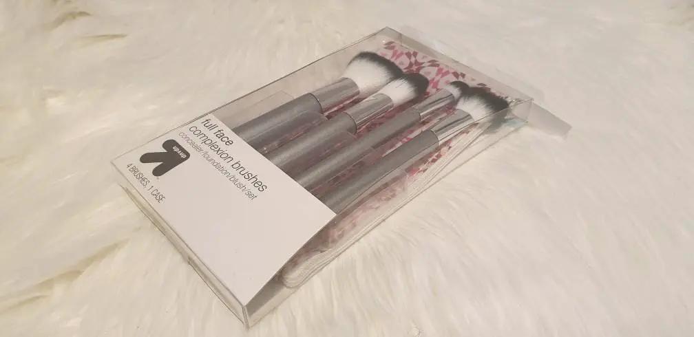 Makeup Brushes Concealer brush, Angled Blush Brush, Setting Brush And Foundation Brush As Well As A Purple And Gold Geometric Printed Case. by Clarissas Boutique London