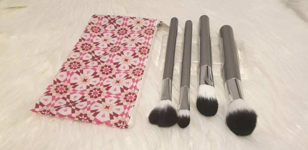 Makeup Brushes Concealer brush, Angled Blush Brush, Setting Brush And Foundation Brush As Well As A Purple And Gold Geometric Printed Case. by Clarissas Boutique London