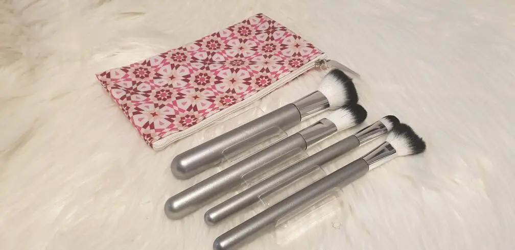 Makeup Brushes Concealer brush, Angled Blush Brush, Setting Brush And Foundation Brush As Well As A Purple And Gold Geometric Printed Case. by Clarissas Boutique London
