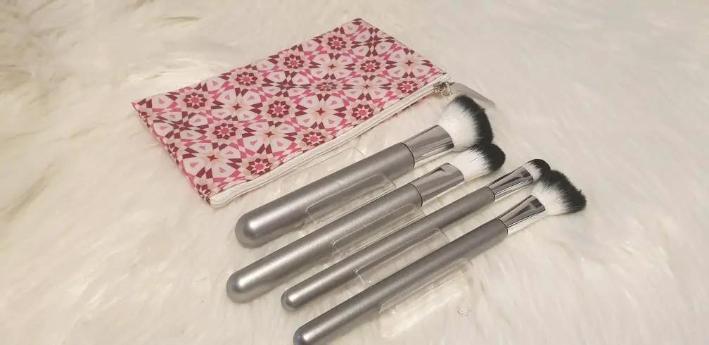 Makeup Brushes Concealer brush, Angled Blush Brush, Setting Brush And Foundation Brush As Well As A Purple And Gold Geometric Printed Case. by Clarissas Boutique London