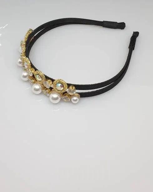 Gold Tone Double‑Band Baroque Pearl & Diamanté Jewelled Headband by Clarissas Boutique London