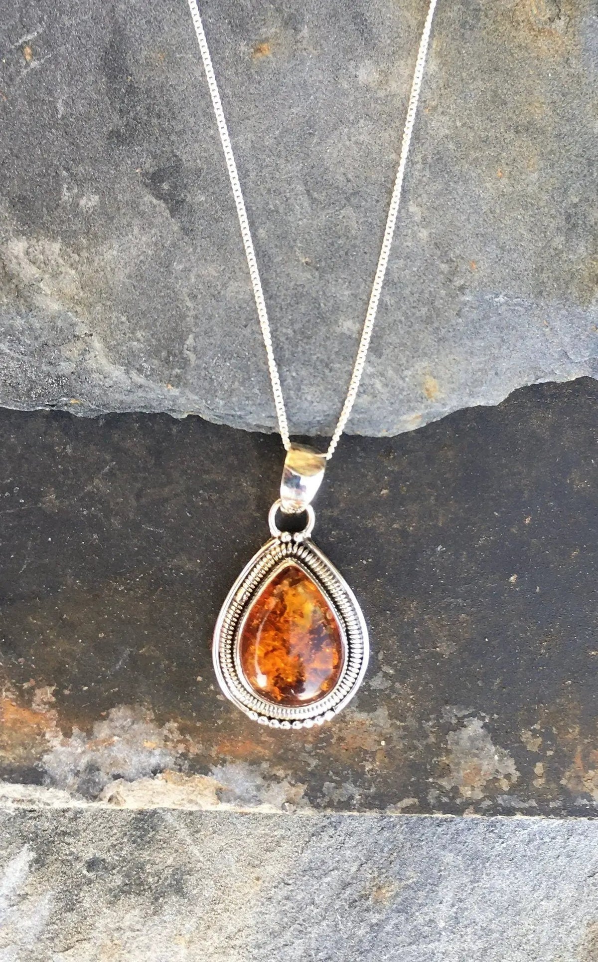 Sterling Silver Teardrop Earring Re-Con Amber Pendant Necklace Handmade With Re-Con Amber by productions