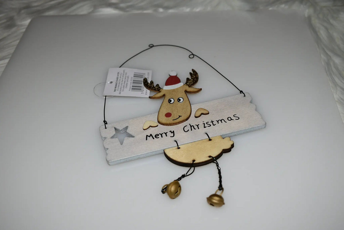 Wooden- Adorable Hanging Merry Christmas Sign With A Cute Reindeer and Gold Jingle Bells. by productions