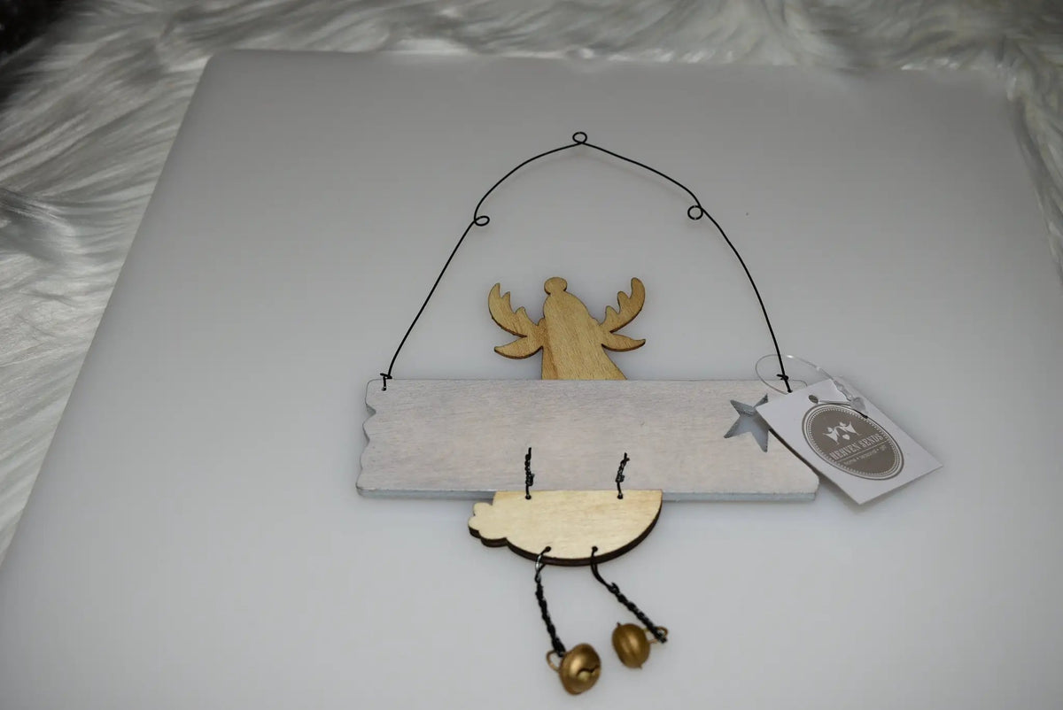 Wooden- Adorable Hanging Merry Christmas Sign With A Cute Reindeer and Gold Jingle Bells. by productions