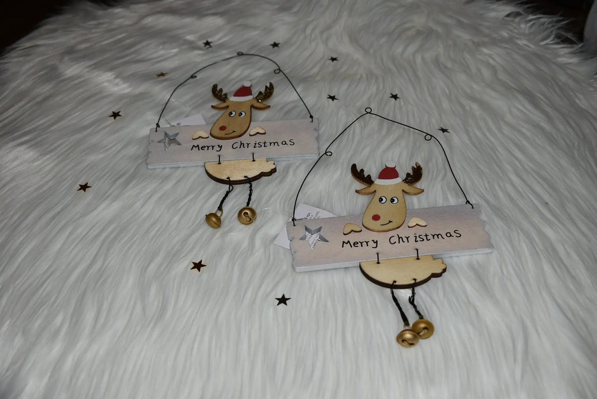 Wooden- Adorable Hanging Merry Christmas Sign With A Cute Reindeer and Gold Jingle Bells. by productions