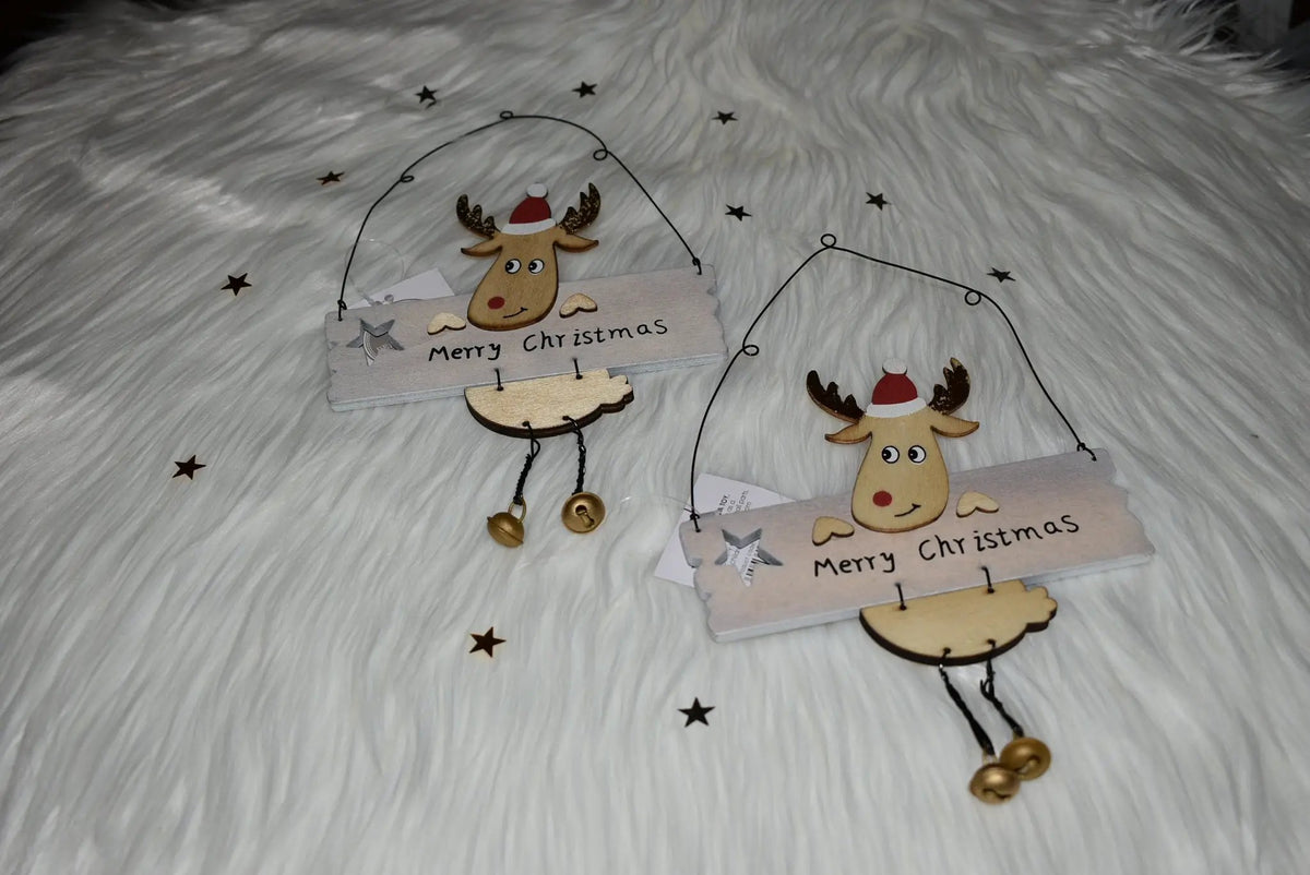 Wooden- Adorable Hanging Merry Christmas Sign With A Cute Reindeer and Gold Jingle Bells. by productions