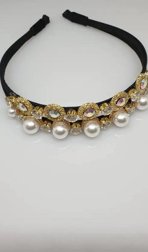 Gold Tone Double‑Band Baroque Pearl & Diamanté Jewelled Headband by Clarissas Boutique London