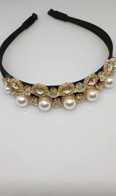 Gold Tone Double‑Band Baroque Pearl & Diamanté Jewelled Headband by Clarissas Boutique London