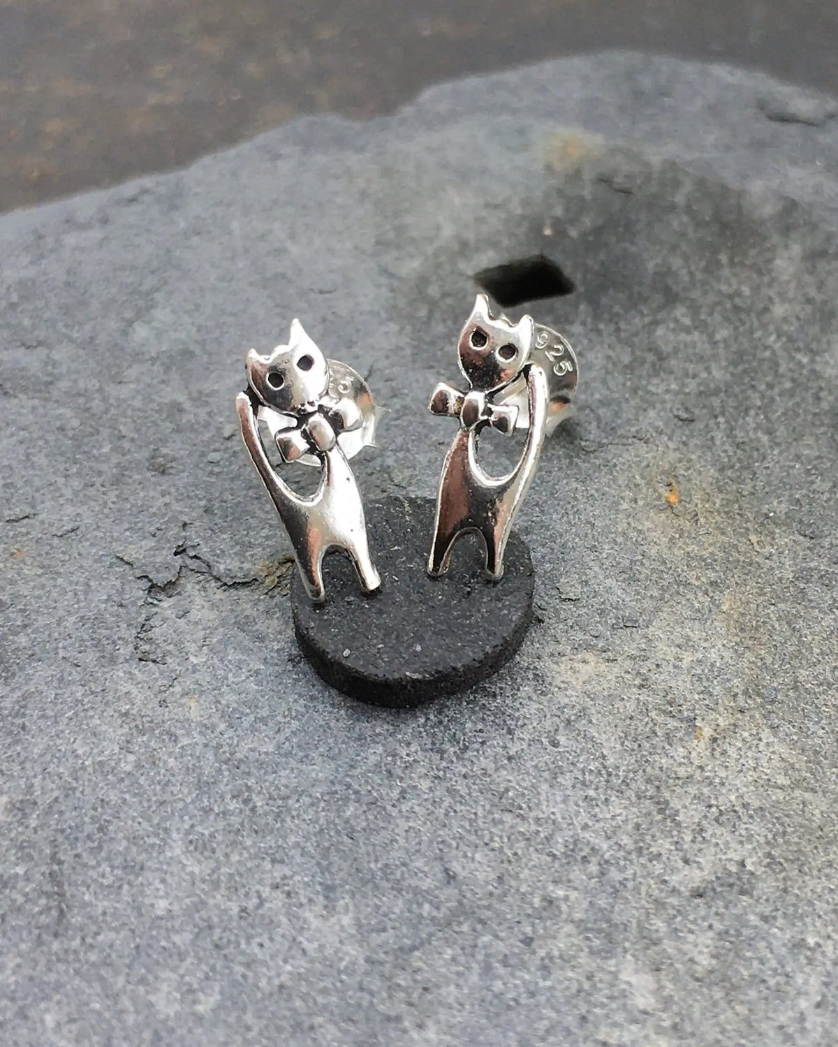Sterling Silver Cat with bow tie stud Earrings by productions