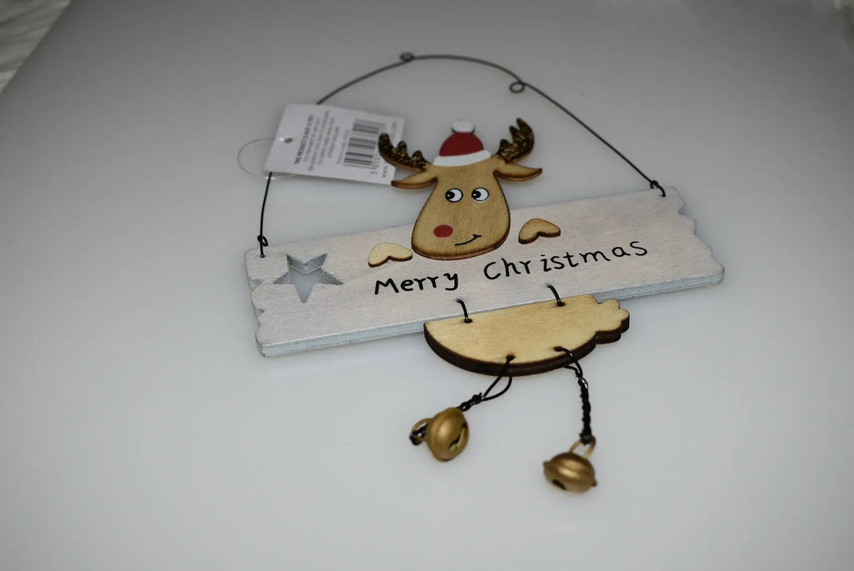 Wooden- Adorable Hanging Merry Christmas Sign With A Cute Reindeer and Gold Jingle Bells. by productions