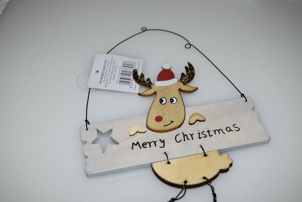 Wooden- Adorable Hanging Merry Christmas Sign With A Cute Reindeer and Gold Jingle Bells. by productions