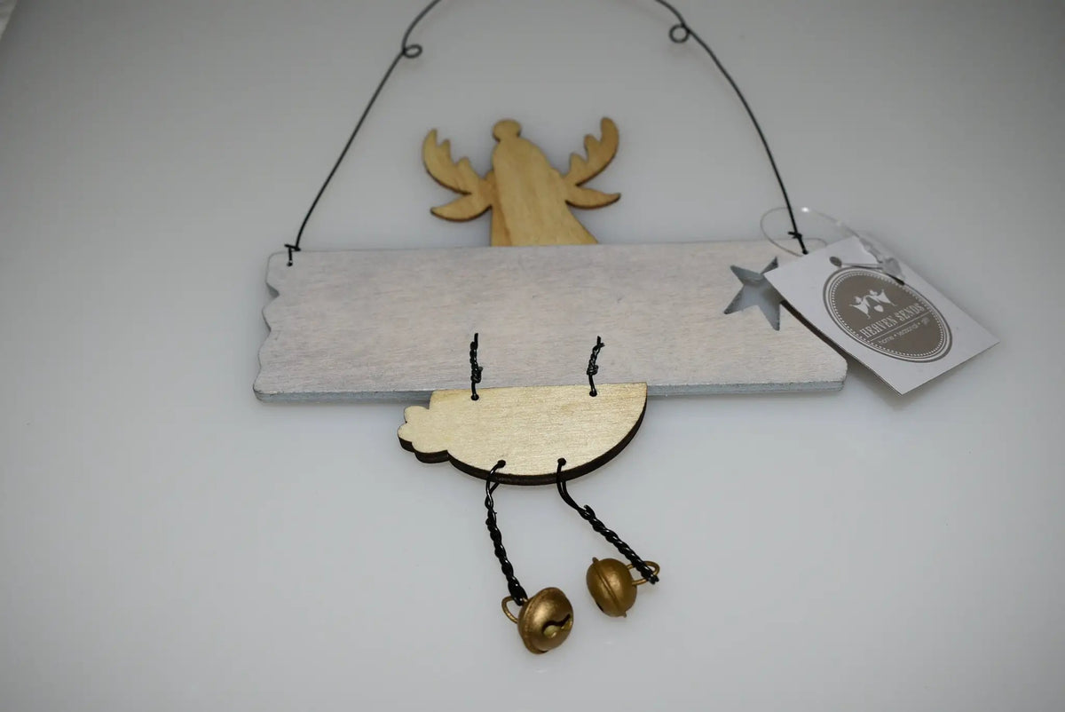 Wooden- Adorable Hanging Merry Christmas Sign With A Cute Reindeer and Gold Jingle Bells. by productions